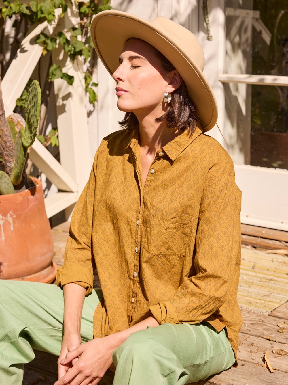 And For Good - Good Boyfriend Shirt Sunflower Honeycomb Block Print Cotton S/M